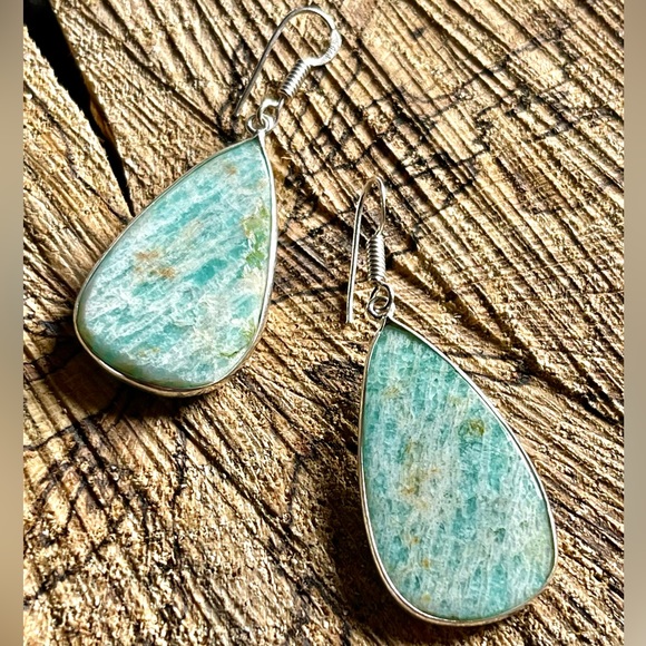 Teardrop Amazonite Earrings 2” - Picture 2 of 4